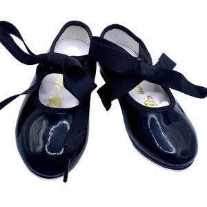 Little Girl Black Patent Leather Tyette Tie Tap Shoes Size 1.5 Wide Dance Class